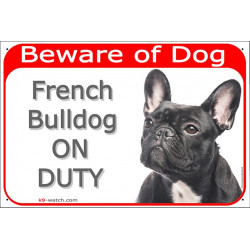 Red Portal Sign "Beware of Dog, Brindle French Bulldog on duty" Gate plate, Portal placard black Frenchie photo