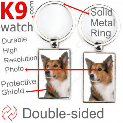 Double-sided metal key ring with photo Tricolor and White Long Hair Border Collie, metal key ring gift idea; double faced