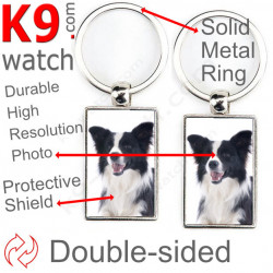 Double-sided metal key ring with photo Black and White Long Hair Border Collie, metal key ring gift idea; double faced