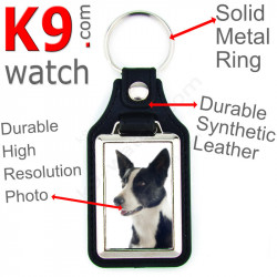 Vegan leather key ring and metal holder, with the photo of your Black Short Hair Border Collie, key ring gift idea