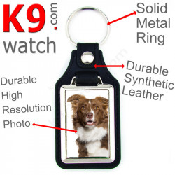 Vegan leather key ring and metal holder, with the photo of your Chocolate Brown Long Hair Border Collie, key ring gift idea