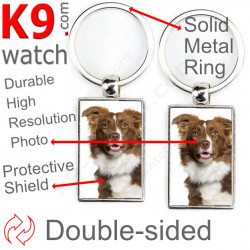 Double-sided metal key ring with photo Chocolate Brown and White Long Hair Border Collie, metal key ring gift idea; double faced