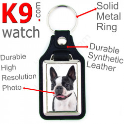 Vegan leather key ring and metal holder, with the photo of your Black and white Boston Terrier, key ring gift idea