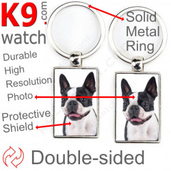 Double-sided metal key ring with photo black and white Boston Terrier, metal key ring gift idea; double faced key holder metal