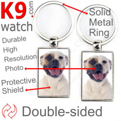 Double-sided metal key ring with photo White and fawn American Bulldog, metal key ring gift idea; double faced key holder metal