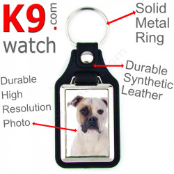Vegan leather key ring and metal holder, with the photo of your White and fawn American Bulldog, key ring gift idea