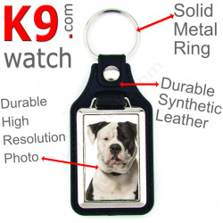 Vegan leather key ring and metal holder, with the photo of your White and black American Bulldog, key ring gift idea