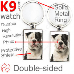Double-sided metal key ring with photo White and black American Bulldog, metal key ring gift idea; double faced key holder meta