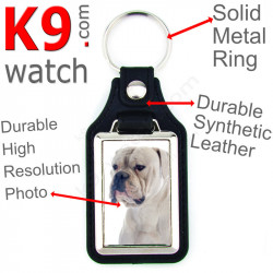 Vegan leather key ring and metal holder, with the photo of your White American Bulldog, key ring gift idea Boulam