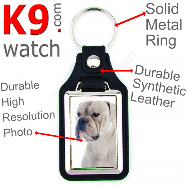 Vegan leather key ring and metal holder, with the photo of your White American Bulldog, key ring gift idea Boulam