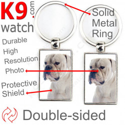 Double-sided metal key ring with photo Entirely White American Bulldog, metal key ring gift idea; double faced key holder metal