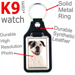 Vegan leather key ring and metal holder, with the photo of your White and brindle American Bulldog, key ring gift idea