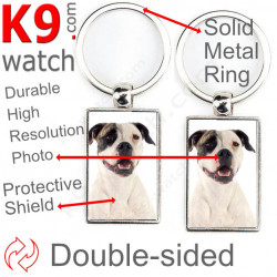Double-sided metal key ring with photo White and brindle American Bulldog, metal key ring gift idea; double faced key holder me