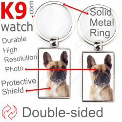 Double-sided metal key ring with photo Fawn French Bulldog, metal key ring gift idea; double faced key holder metallic Frenchie