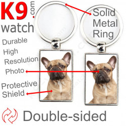 Double-sided metal key ring with photo Fawn French Bulldog, metal key ring gift idea; double faced key holder metallic Frenchie