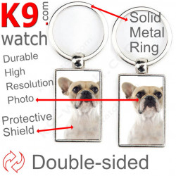 Double-sided metal key ring with photo Bicolor white and Fawn French Bulldog, metal key ring gift idea; double faced key holder
