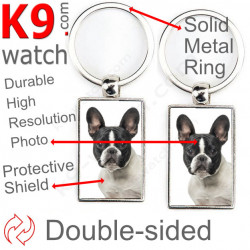 Double-sided metal key ring with photo Bicolor white and black French Bulldog, metal key ring gift idea; double faced key holder