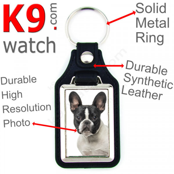 Vegan leather key ring & metal holder, with the photo of your bicolor white & black French Bulldog, key ring gift idea Frenchie