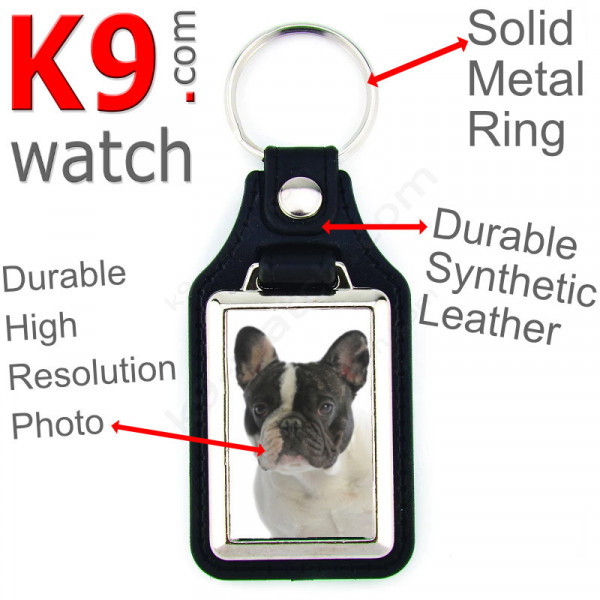 Vegan leather key ring & metal holder, with the photo of your bicolor white & black French Bulldog, key ring gift idea Frenchie