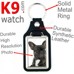 Vegan leather key ring & metal holder, with the photo of your brindle black French Bulldog, key ring gift idea Frenchie