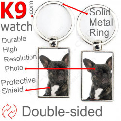 Double-sided metal key ring with photo Brindle black French Bulldog, metal key ring gift idea; double faced key holder