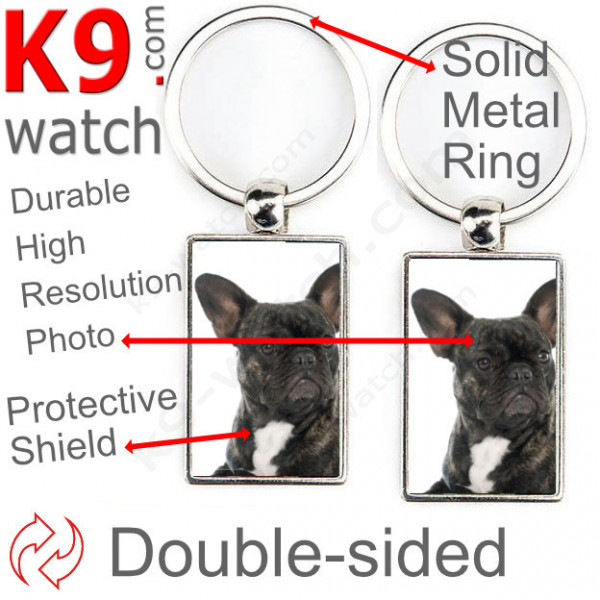 Double-sided metal key ring with photo Brindle black French Bulldog, metal key ring gift idea; double faced key holder