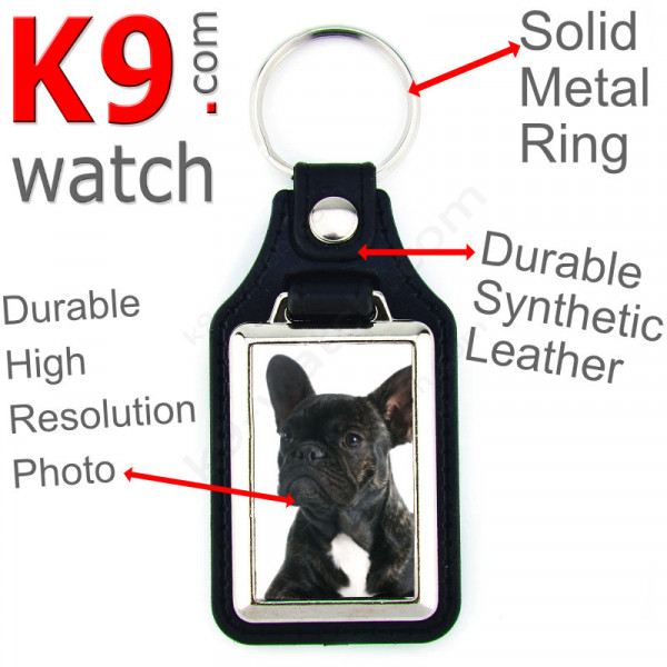 Vegan leather key ring & metal holder, with the photo of your brindle black French Bulldog, key ring gift idea Frenchie