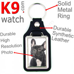 Vegan leather key ring & metal holder, with the photo of your brindle black French Bulldog, key ring gift idea Frenchie