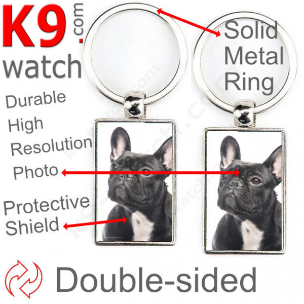 Double-sided metal key ring with photo Brindle black French Bulldog, metal key ring gift idea; double faced key holder