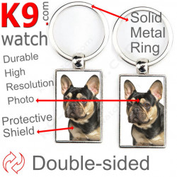 Double-sided metal key ring with photo black & tan French Bulldog, metal key ring gift idea; double faced key holder