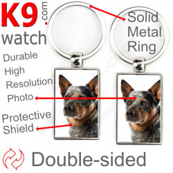 Double-sided metal key ring with photo blue Australian Cattle Dog, metal key ring gift idea; double faced key holder metallic