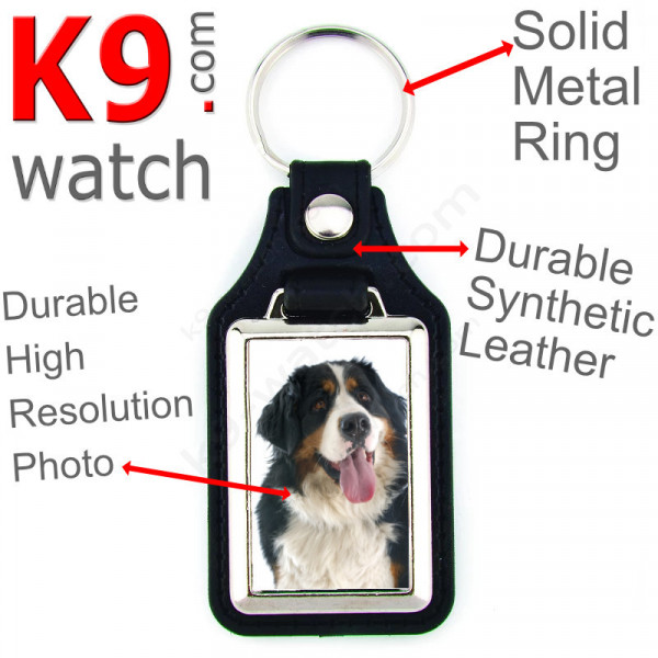 Vegan leather key ring and metal holder, with the photo of your Bernese Mountain Dog, key ring gift idea Berner Sennenhund