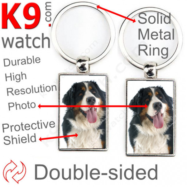 Double-sided metal key ring with photo Bernese Mountain Dog, metal key ring gift idea; double faced key holder metallic