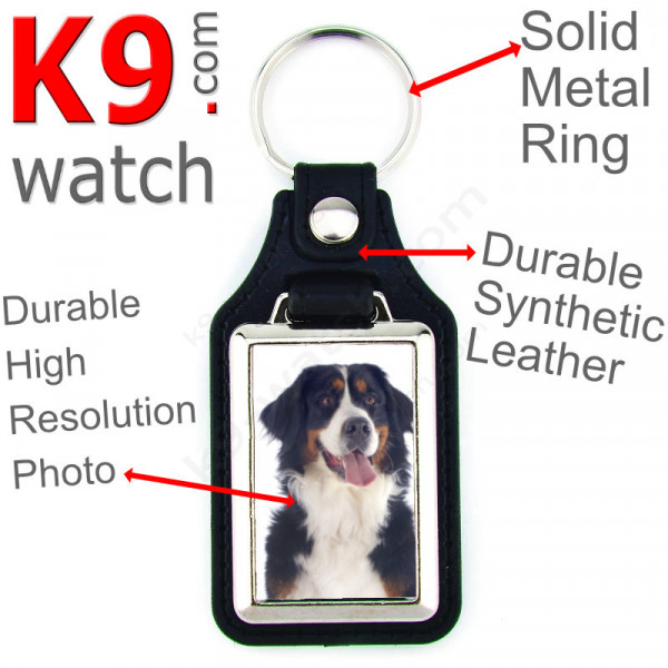 Vegan leather key ring and metal holder, with the photo of your Bernese Mountain Dog, key ring gift idea Berner Sennenhund