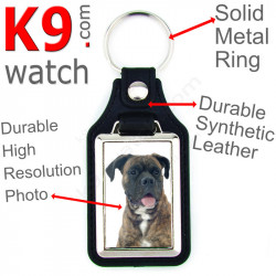 Vegan leather key ring and metal holder, with the photo of your brindle German Boxer, key ring gift idea