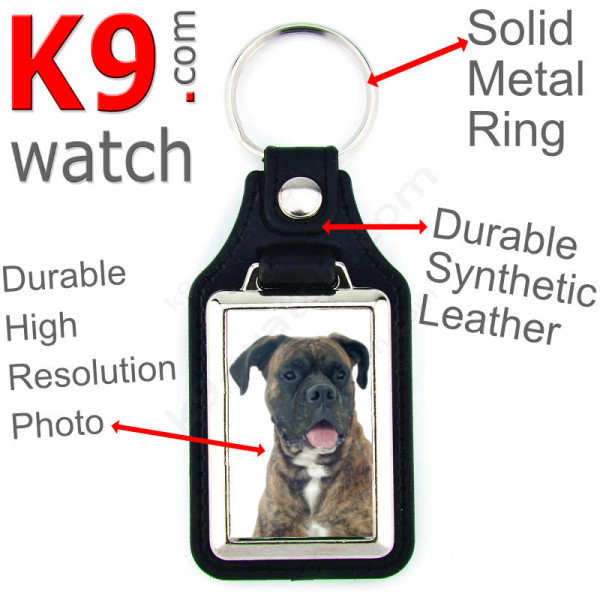 Vegan leather key ring and metal holder, with the photo of your brindle German Boxer, key ring gift idea