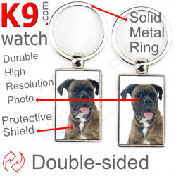 Metal key ring, double-sided photo brindle German Boxer