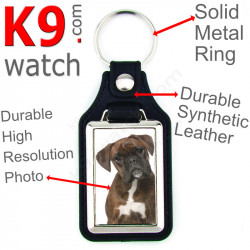 Vegan leather key ring and metal holder, with the photo of your brindle German Boxer, key ring gift idea