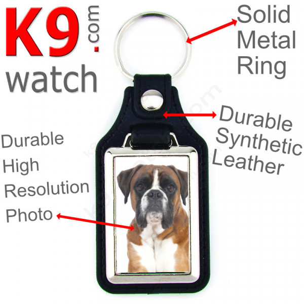 Vegan leather key ring and metal holder, with the photo of your brown fawn German Boxer, key ring gift idea