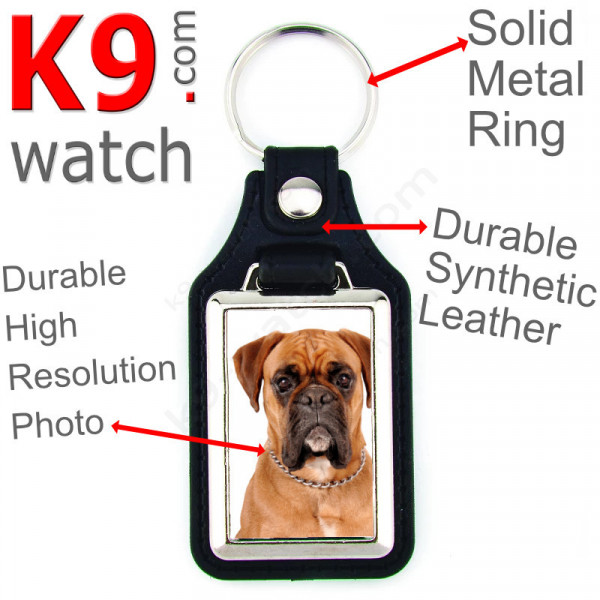 Vegan leather key ring and metal holder, with the photo of your brown fawn German Boxer, key ring gift idea