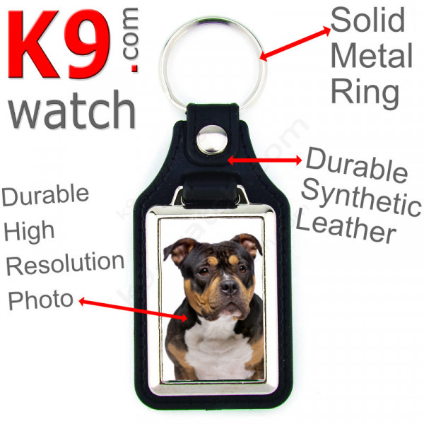 Vegan leather key ring and metal holder, with the photo of your tricolor American Bull, key ring gift idea