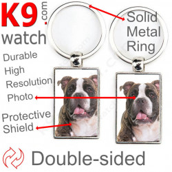 Double-sided metal key ring with photo brindle American Bully, metal key ring gift idea; double faced key holder metallic