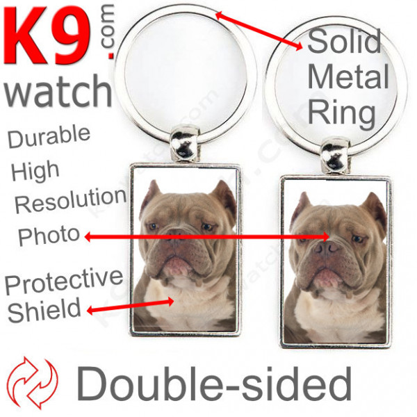 Double-sided metal key ring with photo red nose American Bully, metal key ring gift idea; double faced key holder metallic