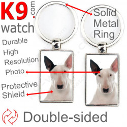 Double-sided metal key ring with photo White, black ear English Bull Terrier, metal key ring gift idea; double faced key holder