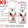 Double-sided metal key ring with photo White, black ear English Bull Terrier, metal key ring gift idea; double faced key holder