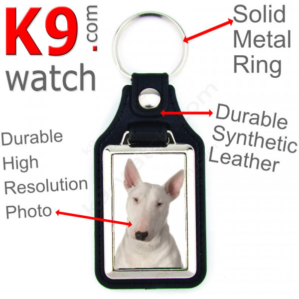 Vegan leather key ring and metal holder, with the photo of your Entirely White English Bull Terrier, key ring gift idea