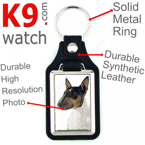 Vegan leather key ring and metal holder, with the photo of your Tricolor English Bull Terrier, key ring gift idea