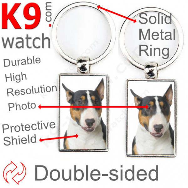 Double-sided metal key ring with photo tricolor English Bull Terrier, metal key ring gift idea; double faced key holder