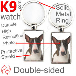 Double-sided metal key ring with photo Brindle English Bull Terrier, metal key ring gift idea; double faced key holder