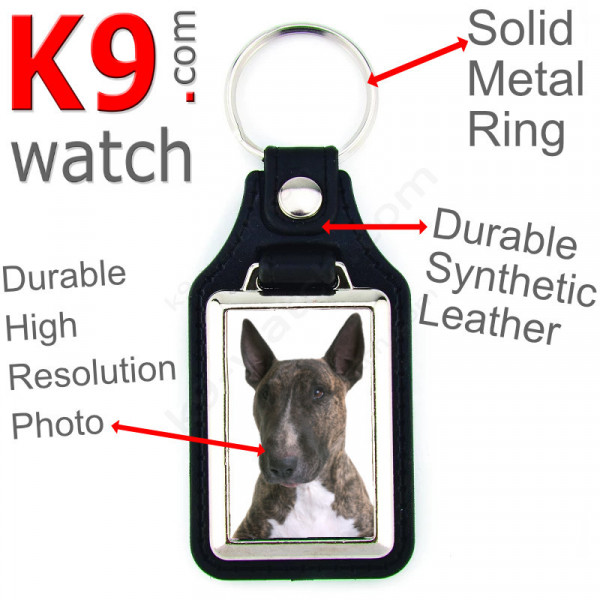 Vegan leather key ring and metal holder, with the photo of your brindle English Bull Terrier, key ring gift idea